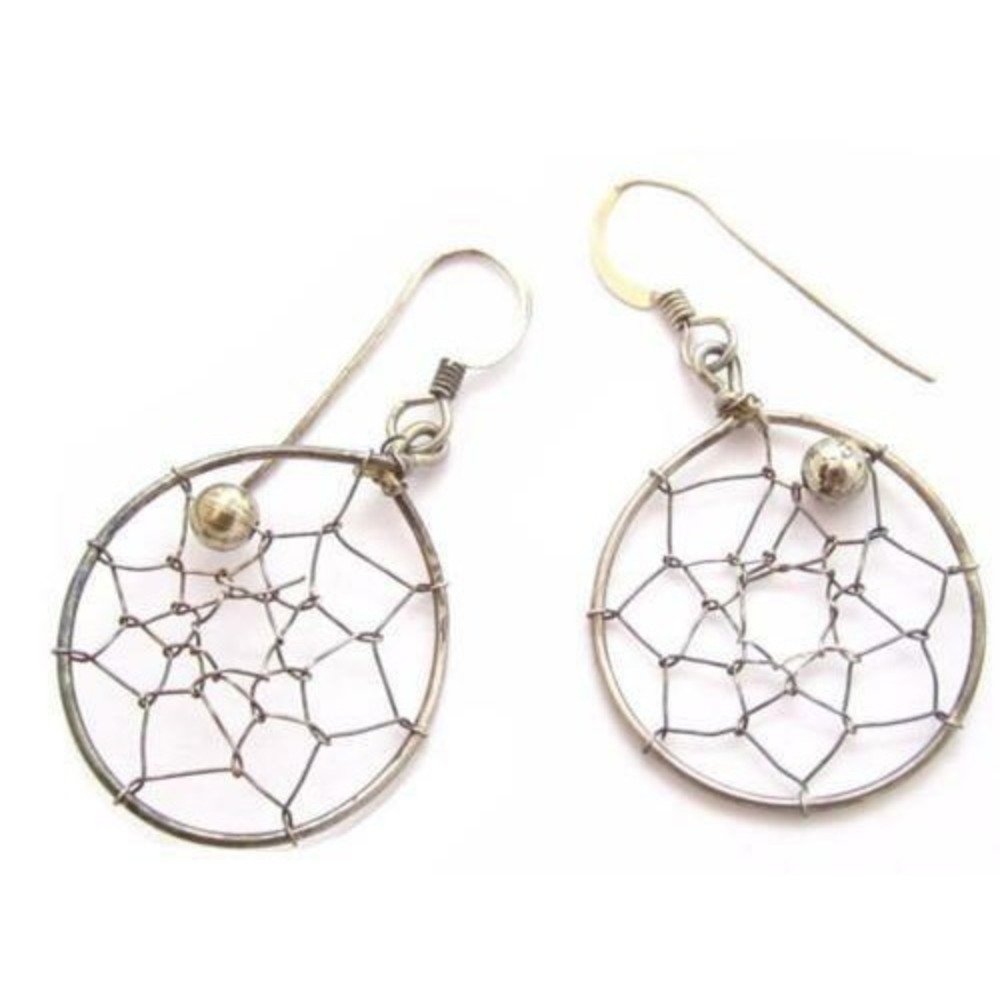Ojibway Indian Heart Handicraft Dream‎ Catcher Sterling Silver 925 Drop Earrings